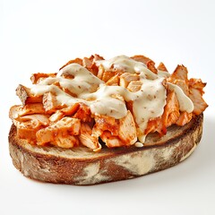 A slice of bread topped with grilled chicken and creamy sauce.