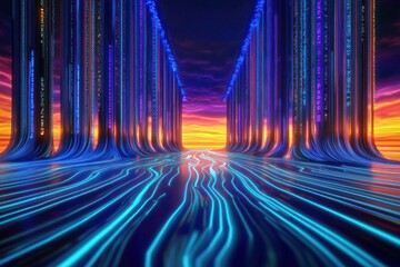 Colorful digital columns at a futuristic sunset