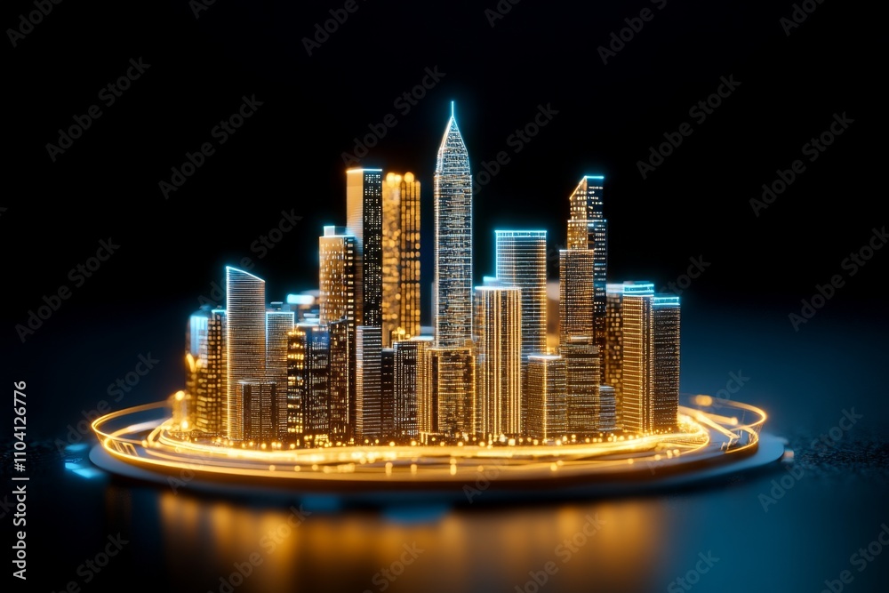 Aufkleber A futuristic holographic blueprint displaying a rotating 3D model of a smart city, with glowing lines and augmented reality icons