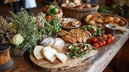 Obraz premium a wooden table topped with a variety of food items, including bread, vegetables, and other items, as well as a vase of flowers The background is slightly blurred,
