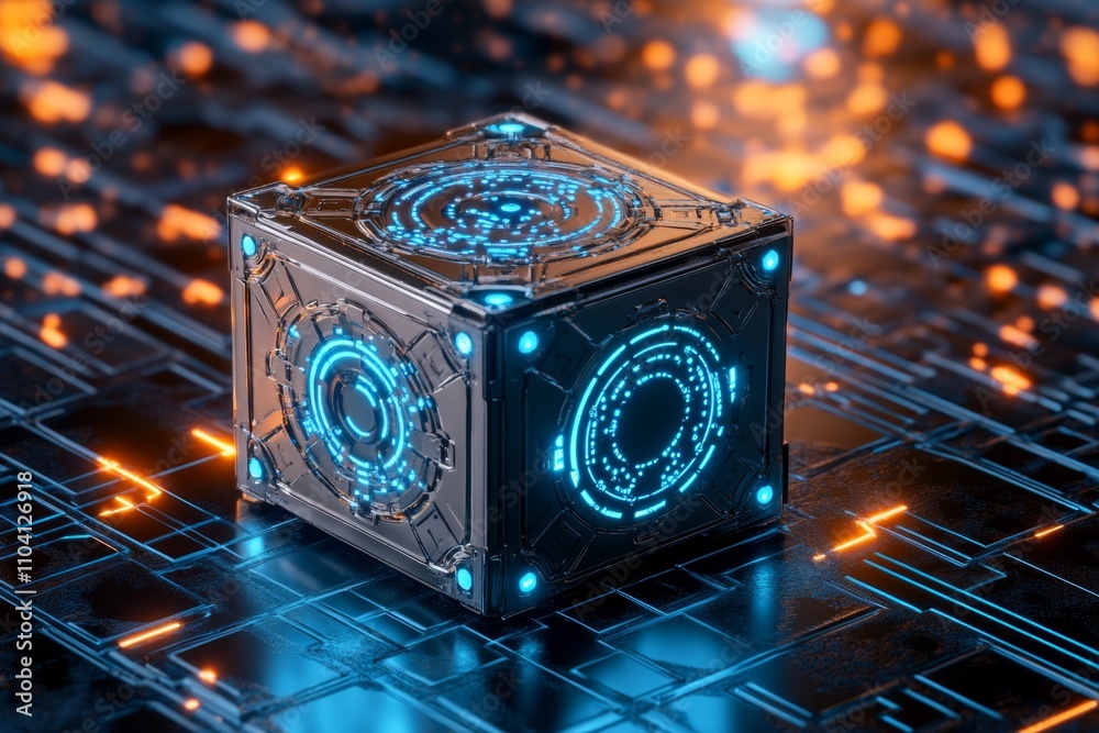 Aufkleber a futuristic metallic box with glowing blue edges and intricate holographic symbols hovering above i