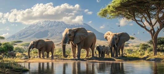 Majestic Elephants by the Lake: A Serene African Savanna Landscape