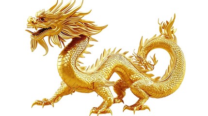 Fototapeta premium A golden dragon, large and detailed, is shown against a white background.