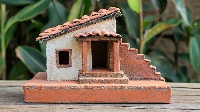 A miniature clay model of a house with a tiled roof, steps, and a window.