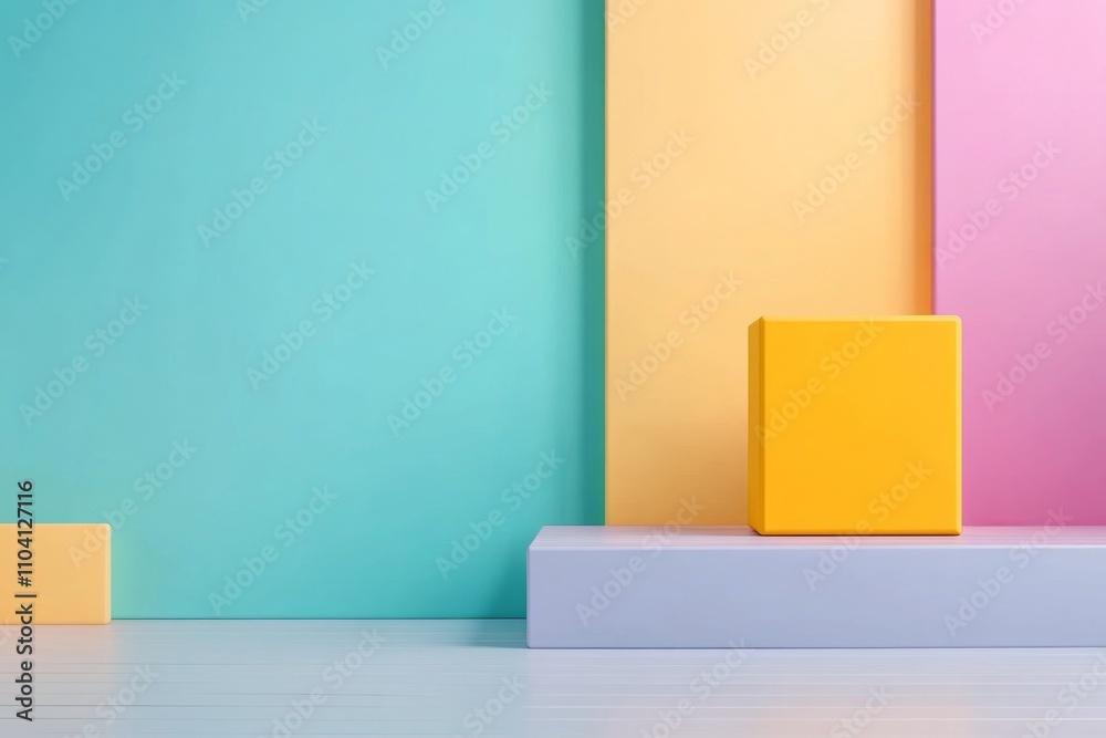 Poster a geometric illustration of a cube-shaped box with simple pastel shades, set against a flat backgrou