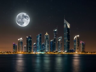 Abu Dhabi city skyline at night with a rising full moon.