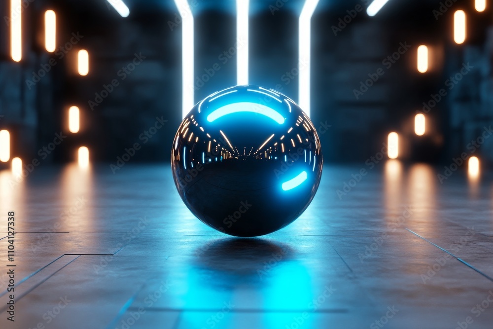 Poster a glowing blue sphere floating in a dark, futuristic room with neon grids and holographic displays