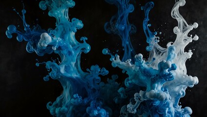 Acrylic blue ink blending in water on black background.