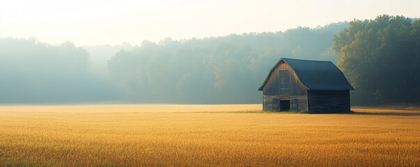 Golden wheat field with solitary barn in misty morning light