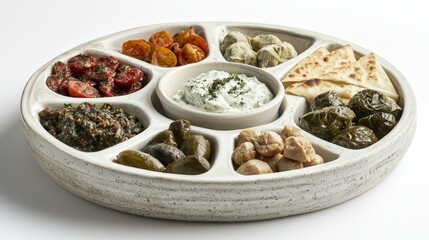  a white plate filled with a variety of food items, including olives, pita chips, and other accompaniments The plate is filled to the brim with a colorful array of