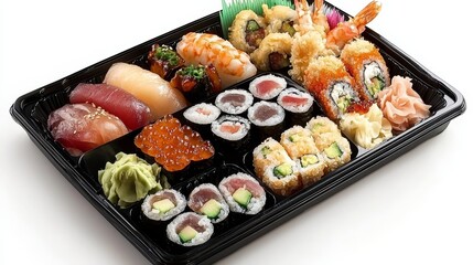  a black plastic tray filled with a variety of sushi and rolls on a white background The tray is filled with different types of sushi, including nigiri, maki, and t