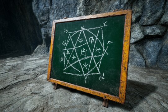 A haunting blackboard in a dimly lit room, with cryptic messages and symbols scrawled in chalk, surrounded by eerie shadows