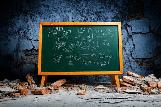 A haunting blackboard in a dimly lit room, with cryptic messages and symbols scrawled in chalk, surrounded by eerie shadows