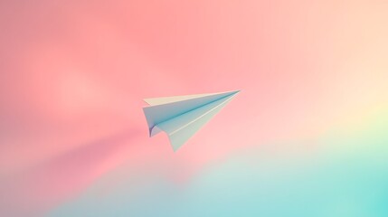 A minimalist paper airplane flying through a softly lit background with a pastel color gradient