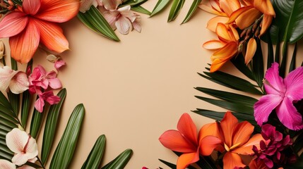 A dynamic display of exotic tropical flowers on a simple beige background, close-up shot, Minimalist style