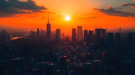 Fototapeta premium Beautiful sunset view of Tokyo's skyline, showcasing city lights.