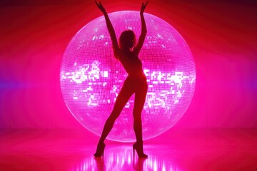 Silhouette of a dancer in front of a pink disco ball.