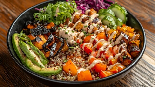  a black bowl filled with a variety of vegetables and quinoa on top of a wooden table The bowl is filled with colorful vegetables such as carrots, peppers, and onio