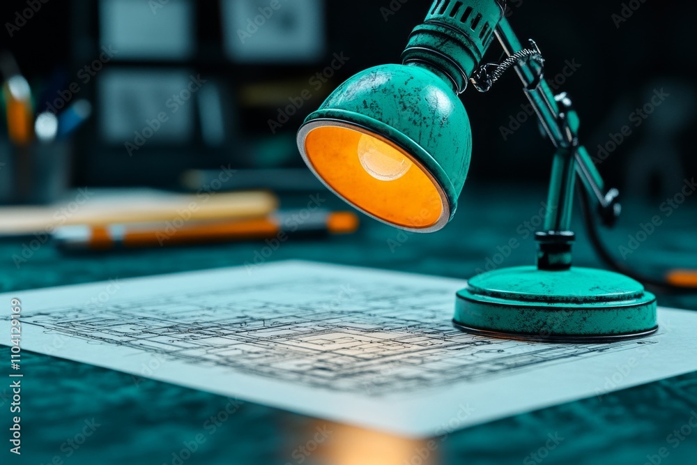 Poster A hyper-realistic close-up of a blueprint intricate details, showing the fine texture of the paper and precise inked lines under a desk lamp
