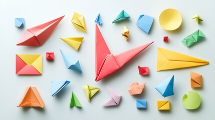 A flat lay of colorful origami paper in various shapes arranged on a clean white background