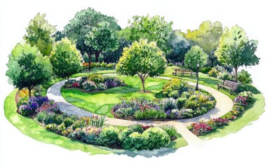 Obraz premium A hand-drawn watercolor garden design featuring a circular garden with lush green grass and trees in the center, surrounded by blooming flowers. 