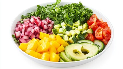  a white bowl filled with a variety of vegetables, including tomatoes, cucumbers, and leafy greens