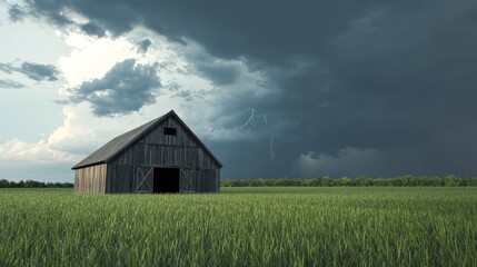 Fototapeta premium Intense Storm Approaching: Photorealistic Barn Scene with Dramatic Lighting in Ultra-Detailed Rendering