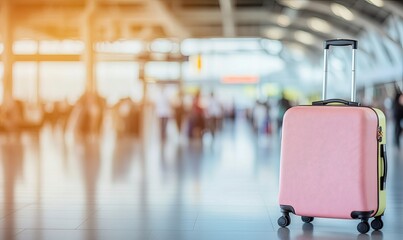 Pink suitcase in airport terminal. Blurred background of people and terminal.