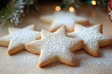 Star-shaped cookies dusted with powdered sugar on festive backdr