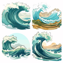 Ocean Waves Illustration: Four Scenes of Majestic Waves Crashing Ocean Shoreline