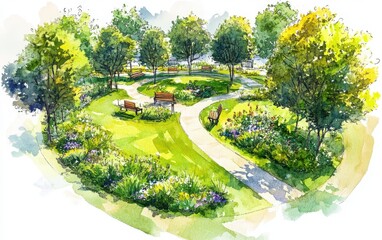 Obraz premium A relaxing watercolor depiction of a circular garden with green grass and tall trees in the middle of an open space park.