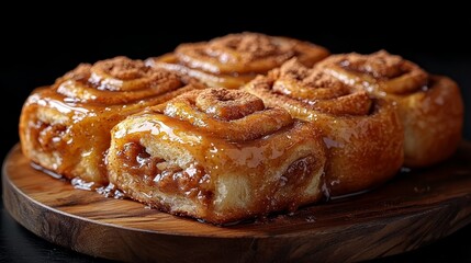  a wooden plate topped with freshly-baked cinnamon rolls covered in a sweet and sticky glaze The rolls are golden-brown in color and have a flaky, buttery texture