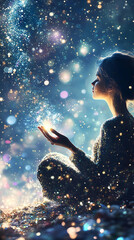 Woman, girl sitting in meditation, lotus asana, silhouette on cosmic background, sky full of stars, dreamlike atmosphere, spiritual practice. Mental health, self care, prayer, mindfulness, well being