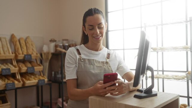 Brunette woman in bakery using phone behind the counter with bread shelves in background