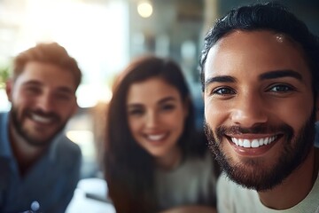 Obraz premium Smiling group of friends in casual attire indoors