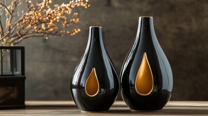 Elegant black and gold vases on wooden table.