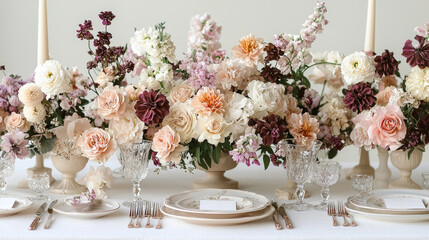Lush floral arrangements adorn beautifully set tables fine china and glassware creating romantic and sophisticated atmosphere weddings special events.