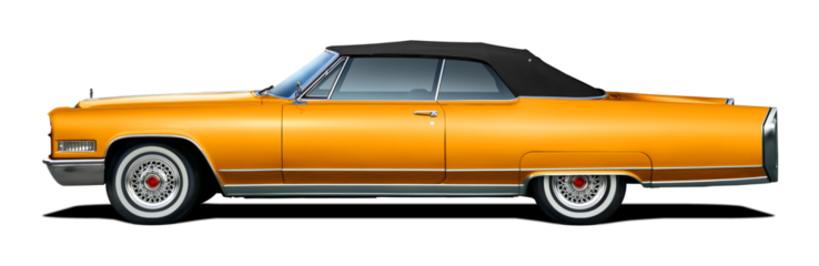 Large yellow vintage American convertible. Side view with black soft top. On a transparent background in png format.