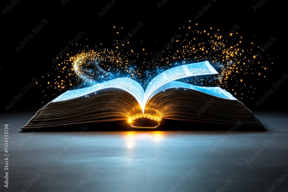 Poster a pixel art depiction of an open book with animated glowing pages, surrounded by tiny flickering sta