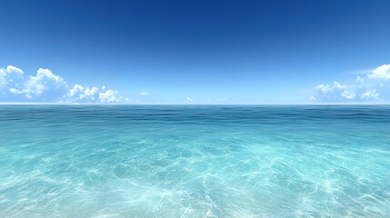Obraz premium A panoramic view of a calm, turquoise ocean with a clear blue sky and white fluffy clouds above.