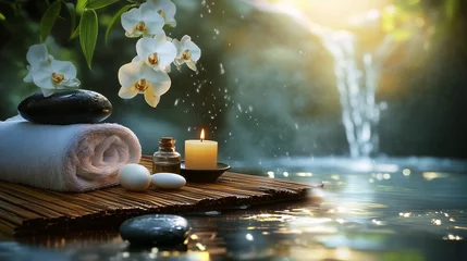 A serene spa scene features bamboo, stones, orchids, a candle, and calming essential oils.