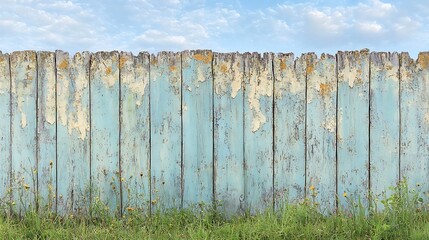 A weathered fence wall with chipped paint and rusted nails in a countryside setting