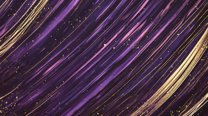 A cosmic-inspired abstract design featuring thin, glowing threads of gold weaving through deep shades of purple and black. The shimmering lines create a sense of infinite space and mystery