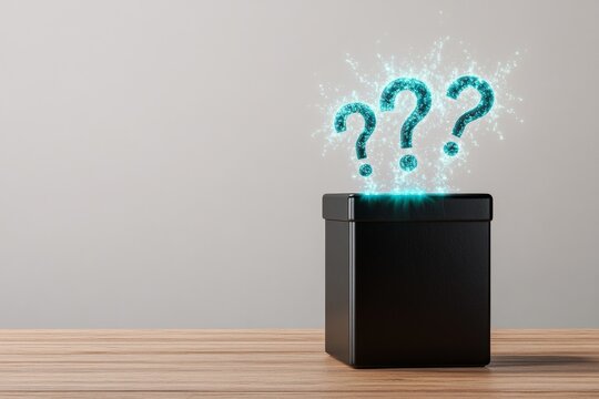 A playful 2D illustration of a mystery box with a glowing aura and question marks floating above it on a white background