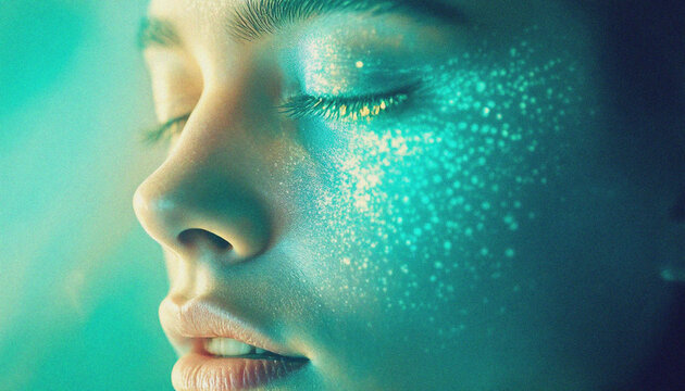 ethereal portrait, side profile, glowing skin, cosmic freckles, teal and golden light, magical sparkles, dreamy atmosphere, closed eyes, serene expression, fantasy makeup, digital art