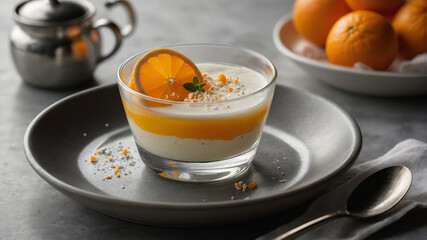 Simple Winter Dessert with Citrus and Cream. A small ramekin holds a delicate panna cotta topped with orange segments and a sprig of mint