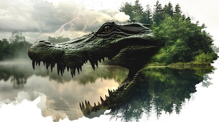 Crocodile Swamp during a storm, its crocodile-shaped silhouette emphasized by dramatic lightning, mangroves swaying like sharp, jagged teeth in the wind,