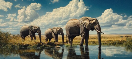Fototapeta premium African Elephants at Watering Hole: A Serene Savanna Scene