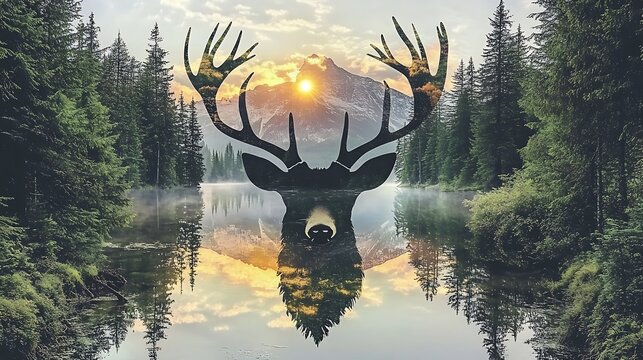 Deer Antler Lake at twilight, its deer-head outline glowing softly under the pink and purple hues of the setting sun, with tributaries branching out like antlers,
