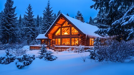 A snowy winter scene with a cozy log cabin glowing warmly from the interior lights